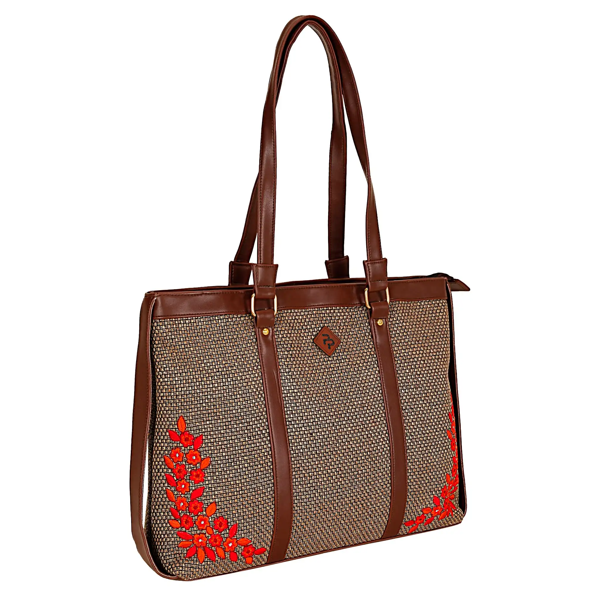 BROWN JUTE LAPTOP HANDBAG WITH RED FLORAL EMBROIDERY.