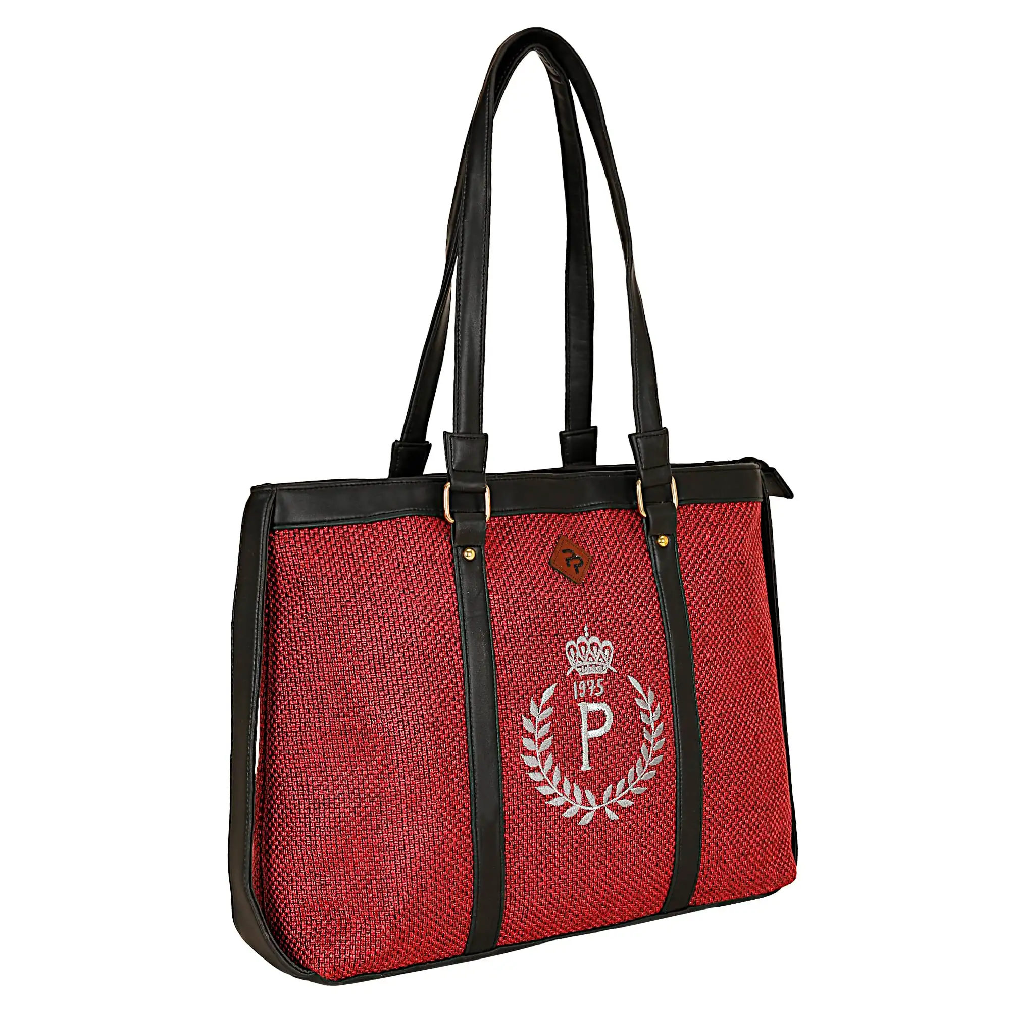 RED JUTE LAPTOP HANDBAG WITH GREY EMBROIDERY.