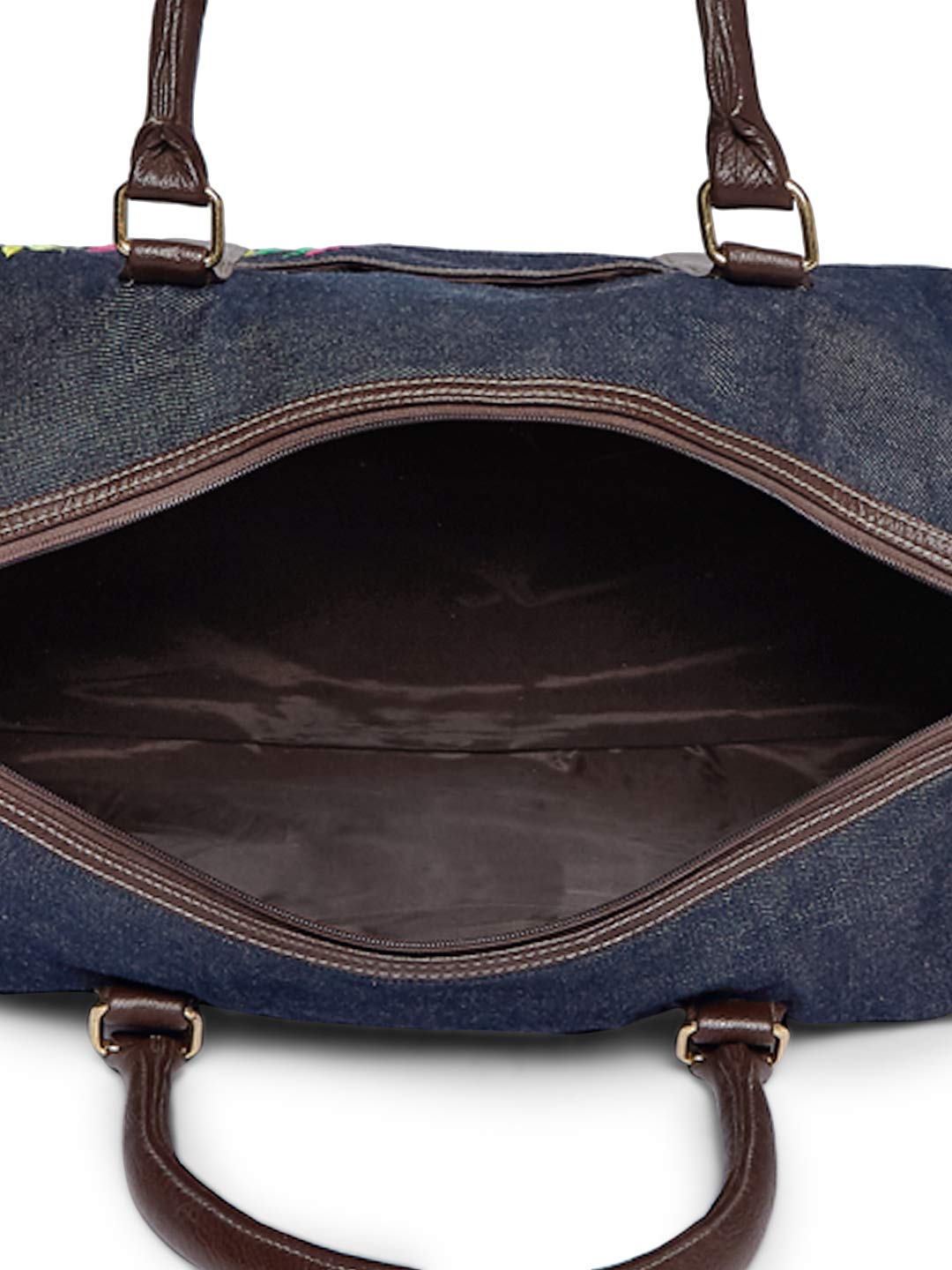 DENIM FLORAL EMBROIDERED TRAVEL DUFFLE BAG