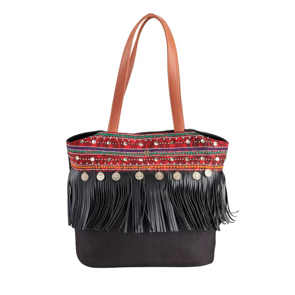 ARTISAN BLACK JUTE FRINGES HANDBAG WITH MULTICOLORED EMBROIDERY