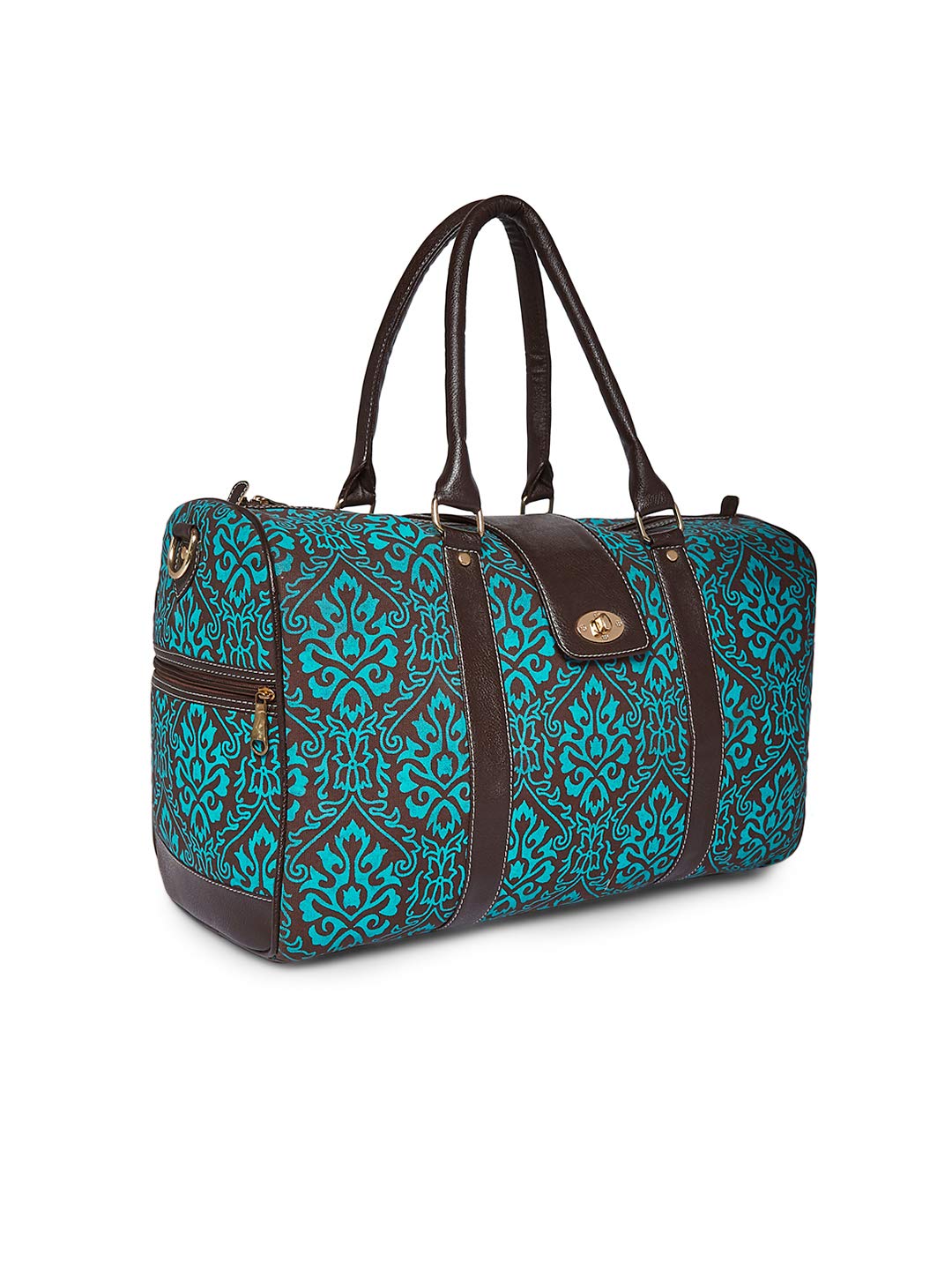 Turquoise Floral Embroidered Duffel with Leather Details.