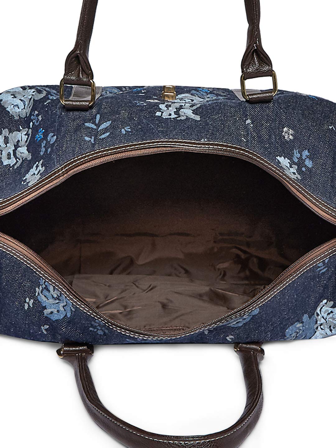Navy Floral Embroidered Travel Duffel with Leather Trim.