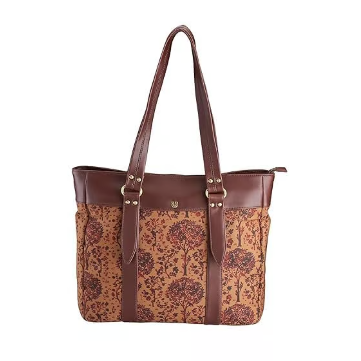 TAN & BROWN FLORAL PRINTED CANVAS HANDBAG