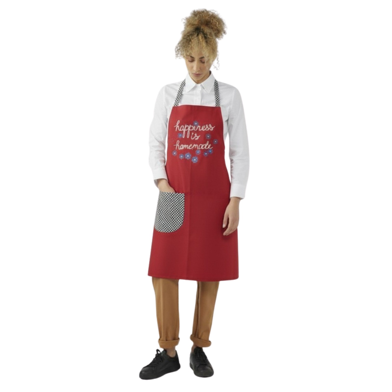 HAPPINESS IS HOMEMADE RED CHEF APRON WITH GINGHAM POCKET