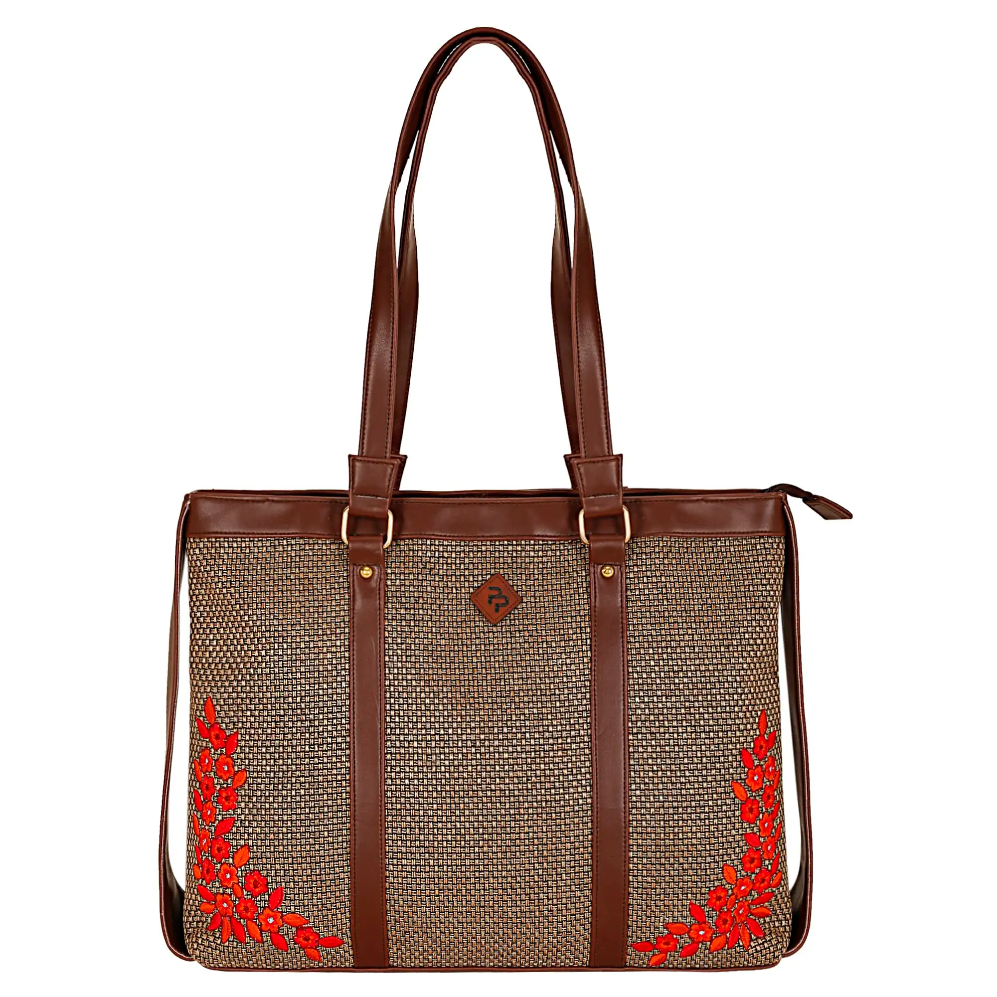 BROWN JUTE LAPTOP HANDBAG WITH RED FLORAL EMBROIDERY.