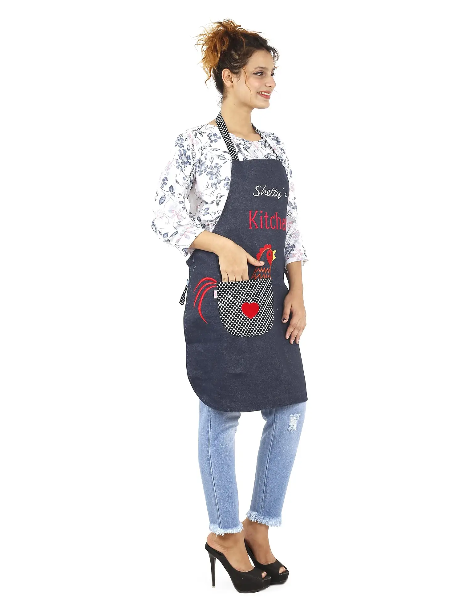 PERSONALIZED DENIM APRON WITH SHETTY'S KITCHEN EMBROIDERY & CHICKEN POCKET