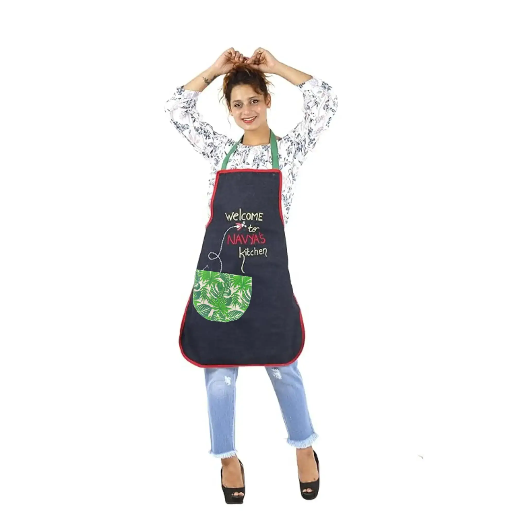 PERSONALIZED WELCOME TO [NAME] KITCHEN EMBROIDERED DENIM APRON WITH POCKET