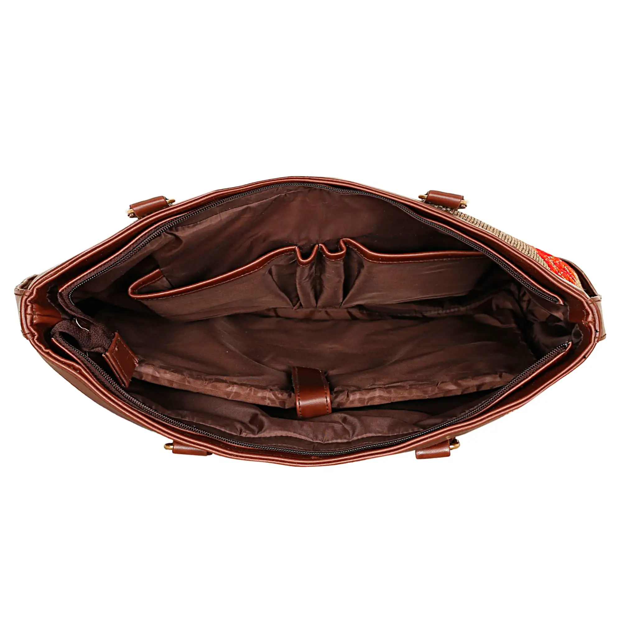 BROWN JUTE LAPTOP HANDBAG WITH RED FLORAL EMBROIDERY.