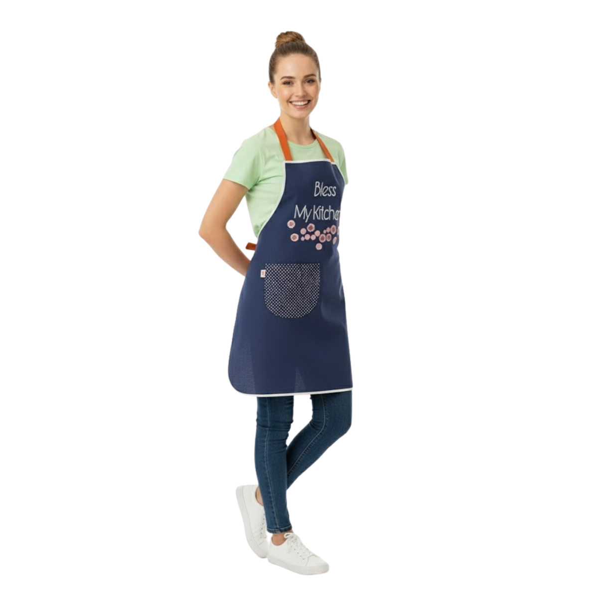 "BLESS MY KITCHEN" NAVY BLUE APRON WITH FLORAL DESIGN