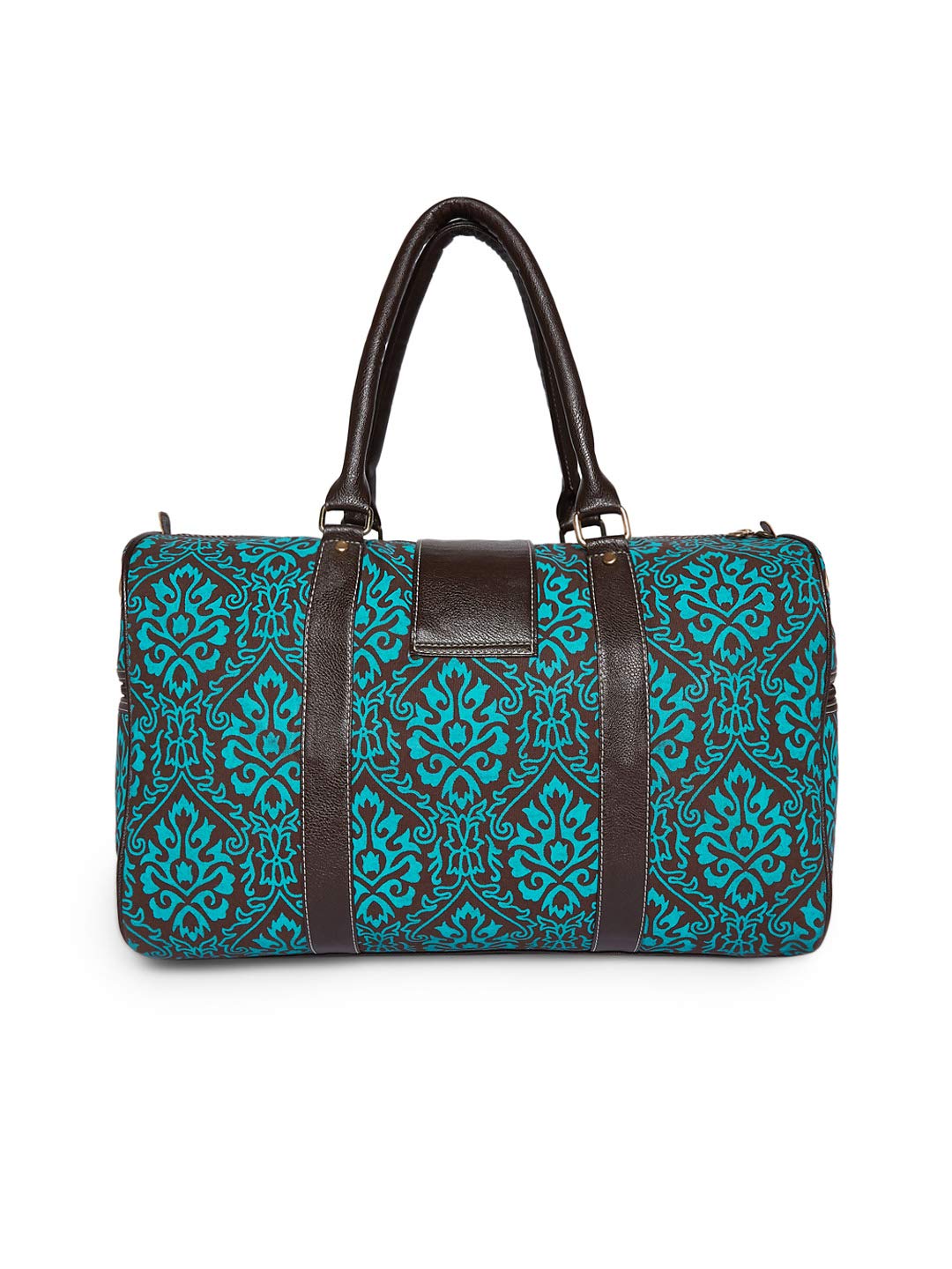 Turquoise Floral Embroidered Duffel with Leather Details.