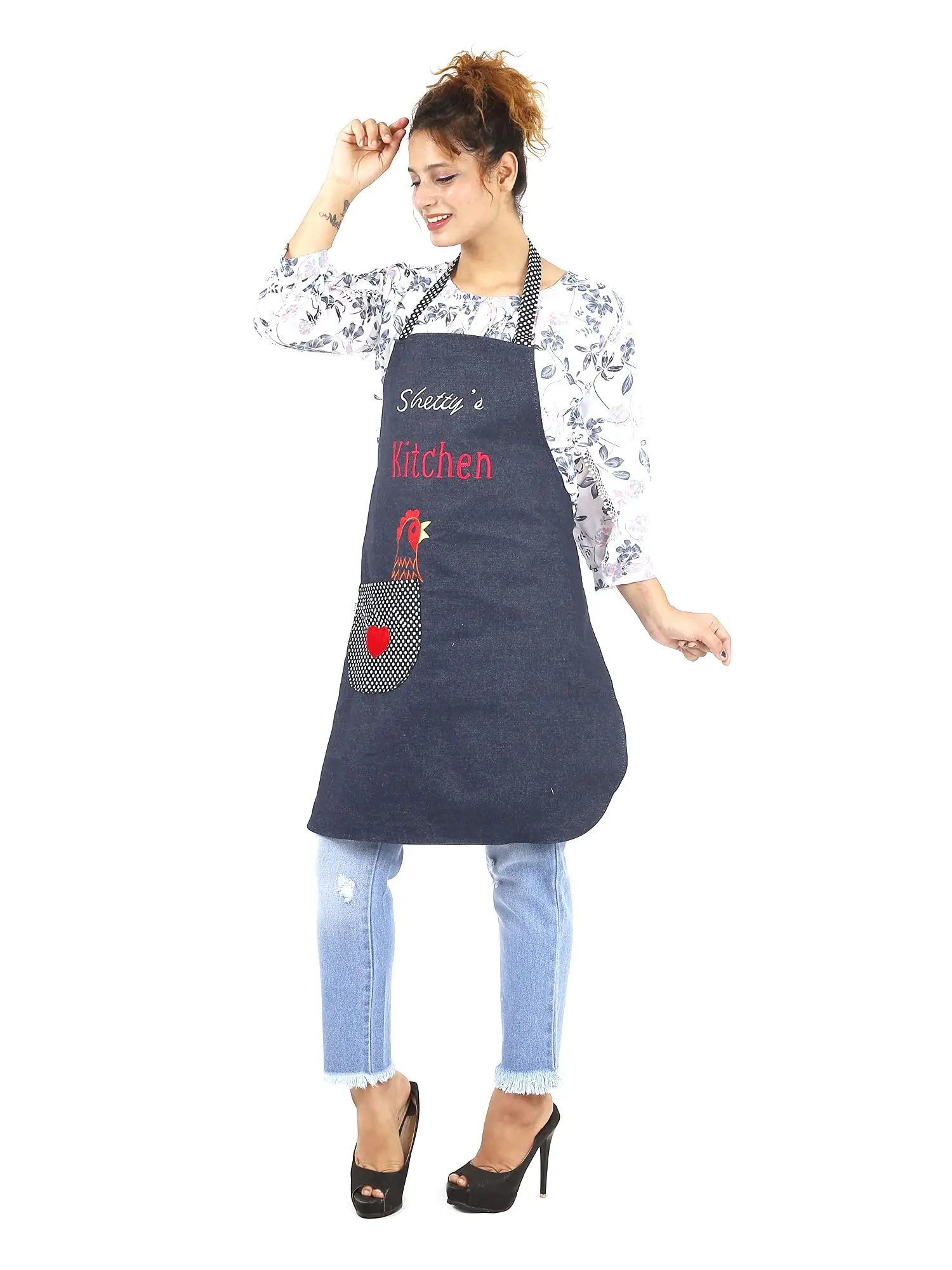 PERSONALIZED DENIM APRON WITH SHETTY'S KITCHEN EMBROIDERY & CHICKEN POCKET