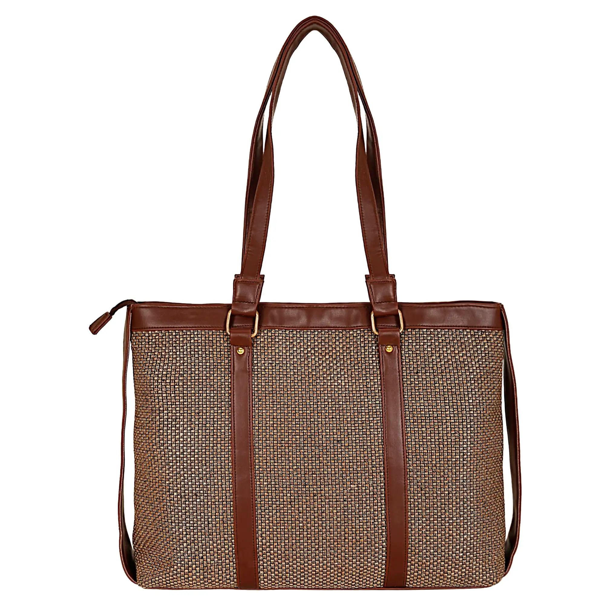 BROWN JUTE LAPTOP HANDBAG WITH RED FLORAL EMBROIDERY.