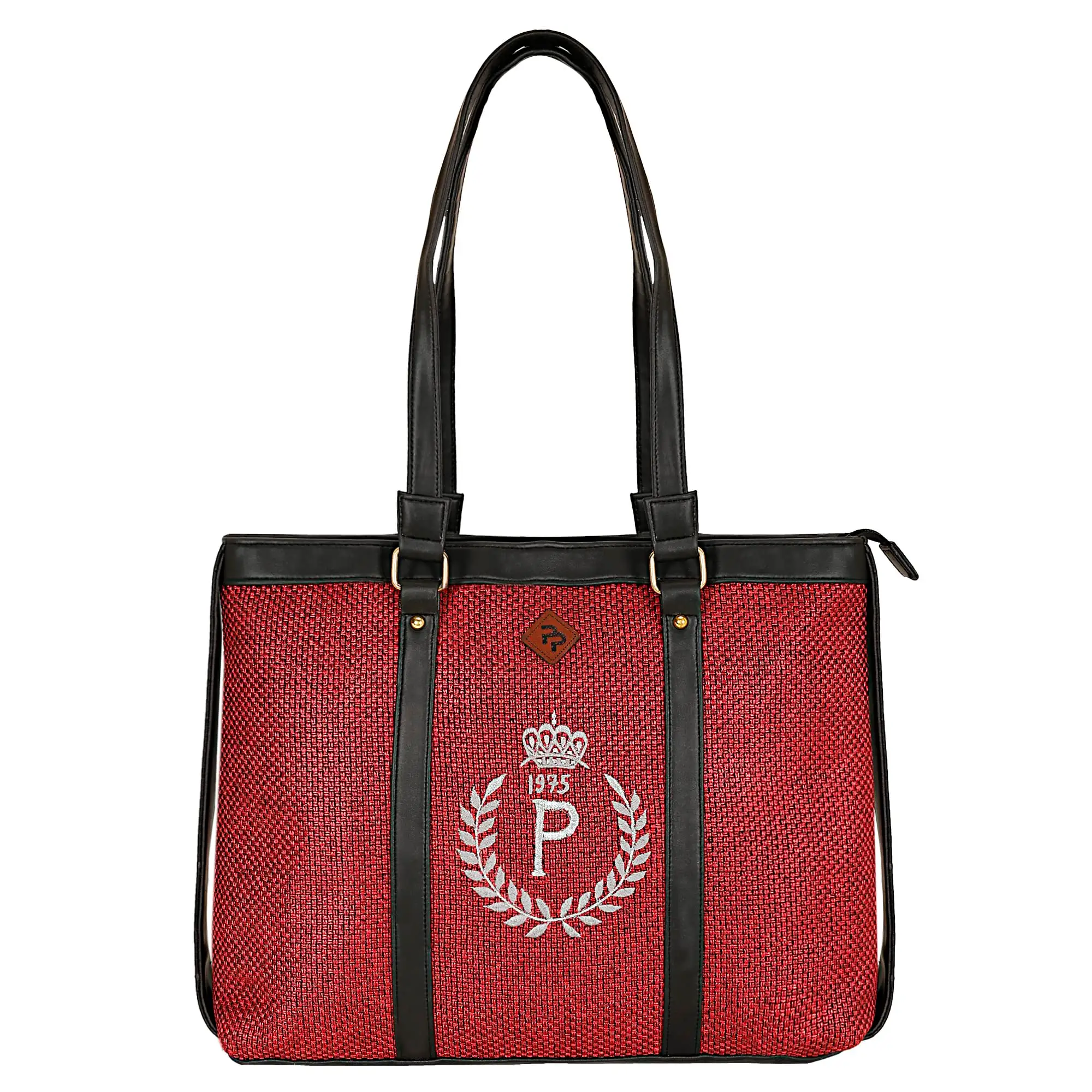 RED JUTE LAPTOP HANDBAG WITH GREY EMBROIDERY.