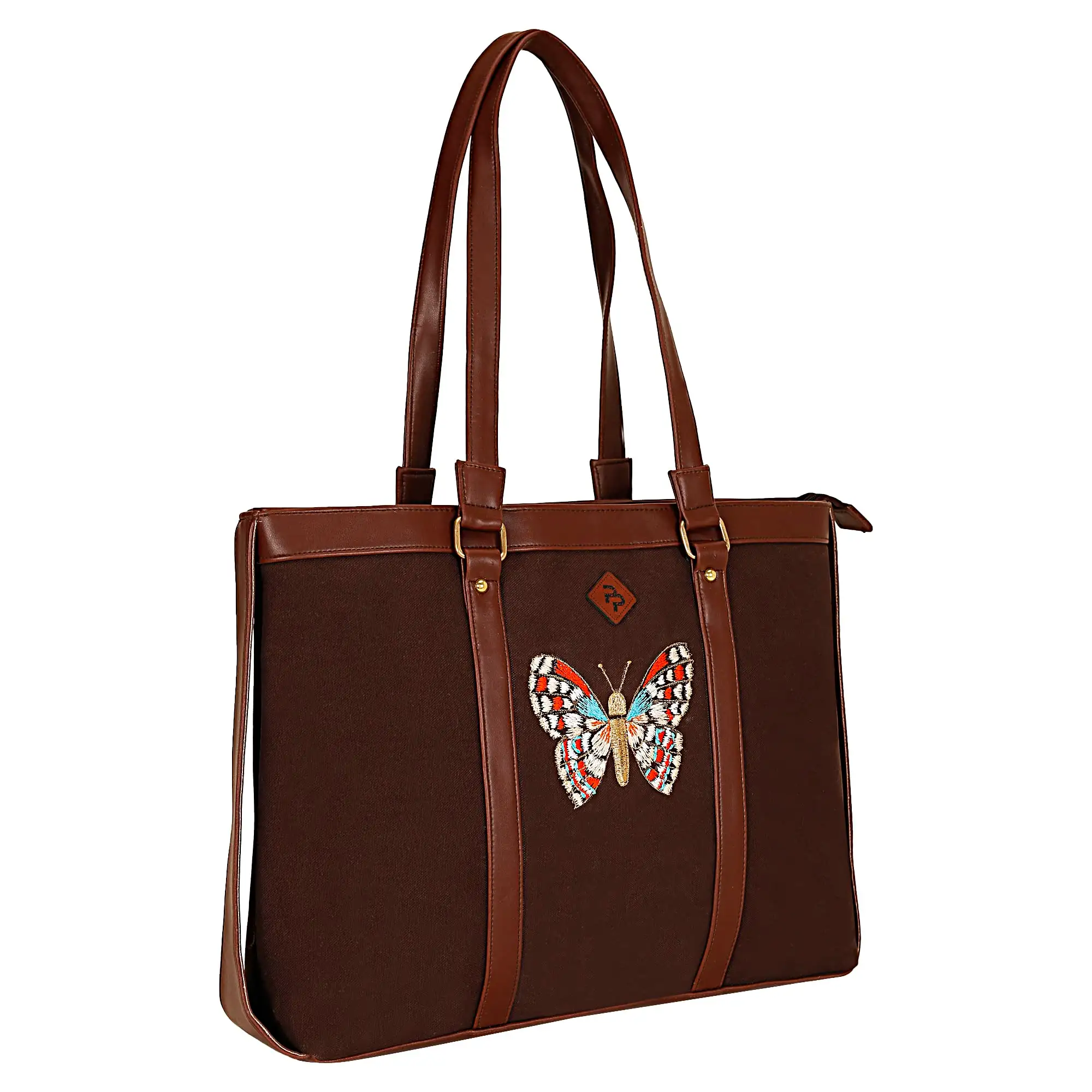 BUTTERFLY EMBROIDERED BROWN CANVAS LAPTOP HANDBAG.