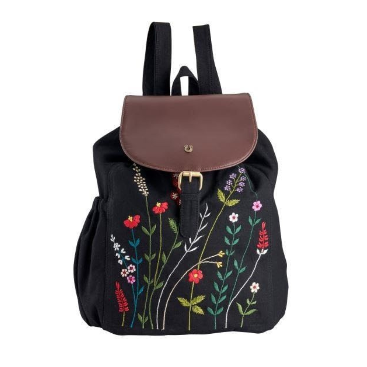 EMBROIDERED FLORAL BACKPACK WITH BROWN LEATHER
