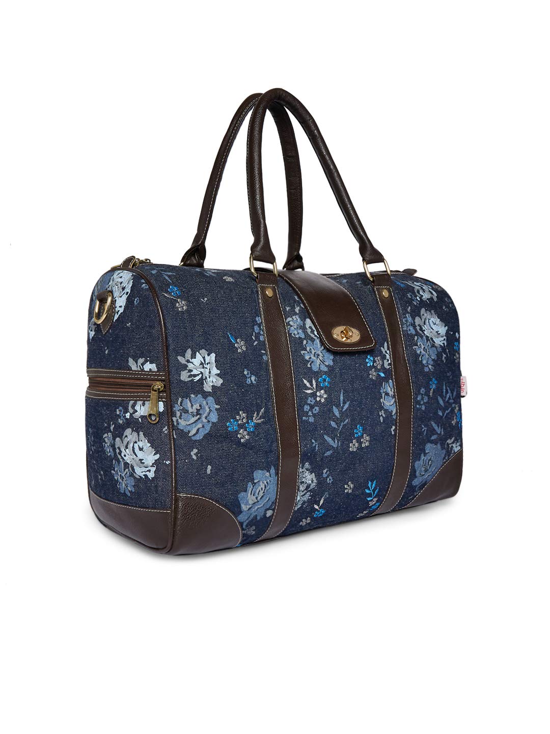 Navy Floral Embroidered Travel Duffel with Leather Trim.