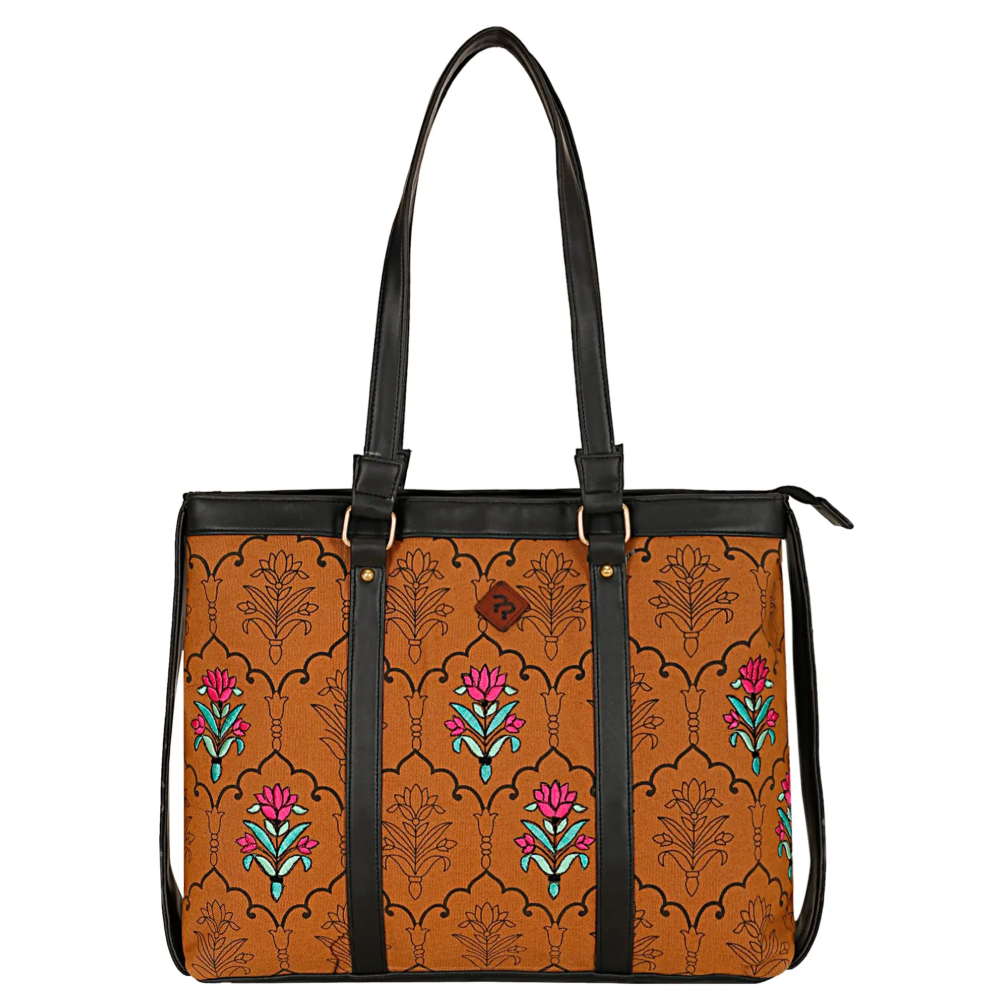FLORAL PRINTED TAN CANVAS LAPTOP HANDBAG.
