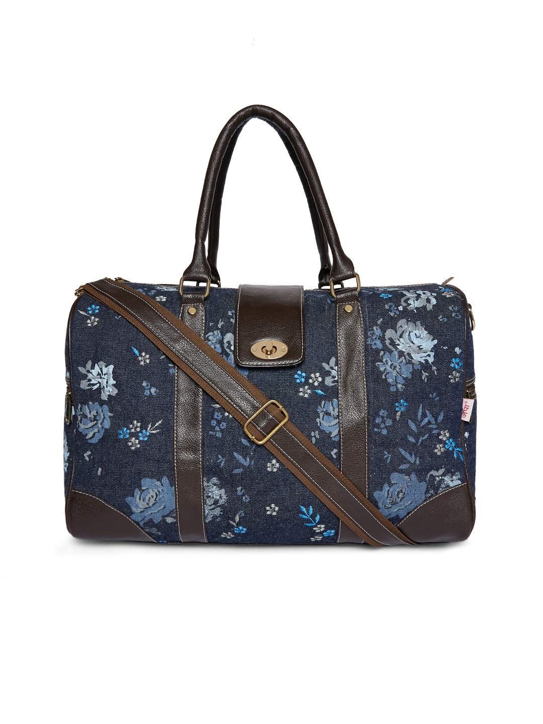Navy Floral Embroidered Travel Duffel with Leather Trim.