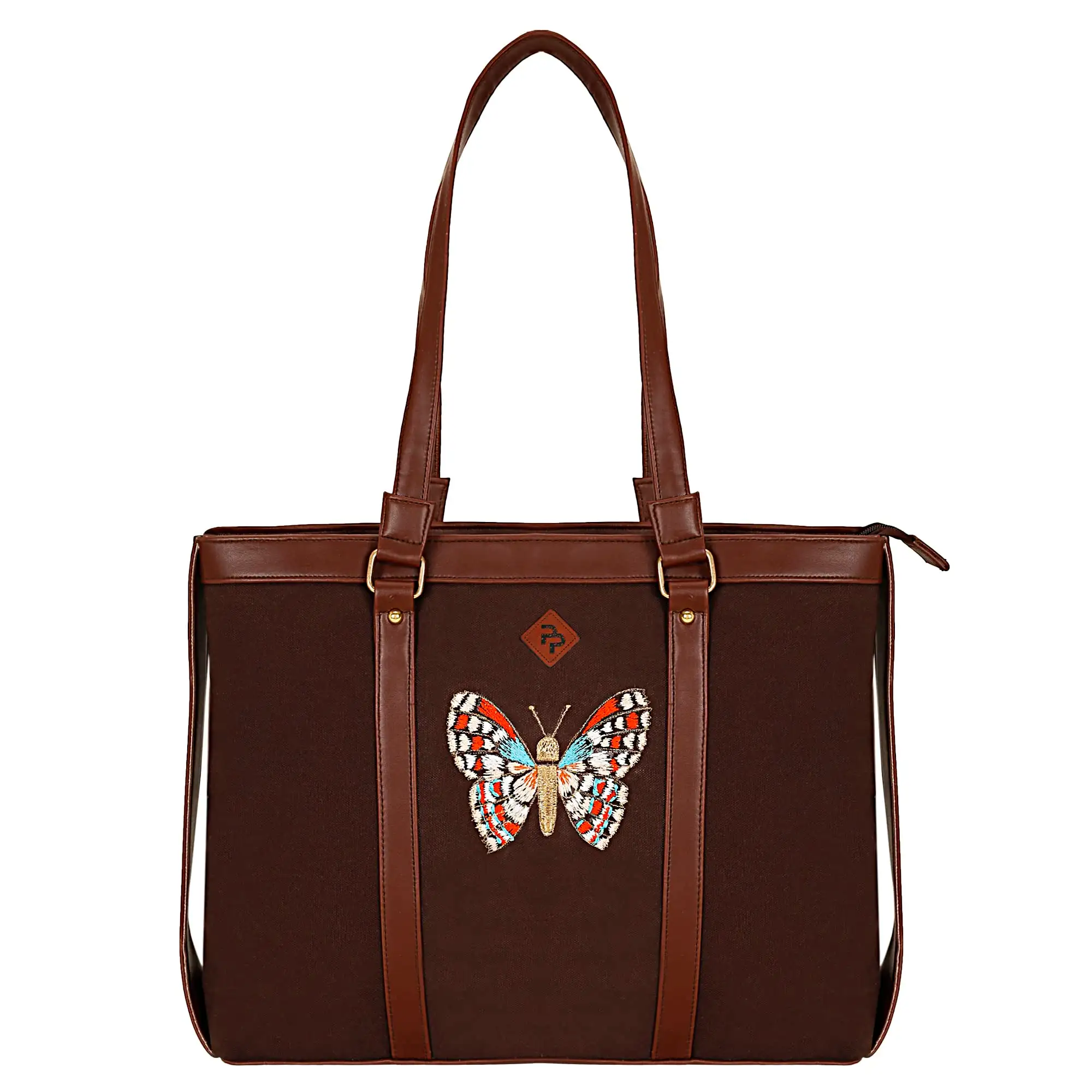 BUTTERFLY EMBROIDERED BROWN CANVAS LAPTOP HANDBAG.