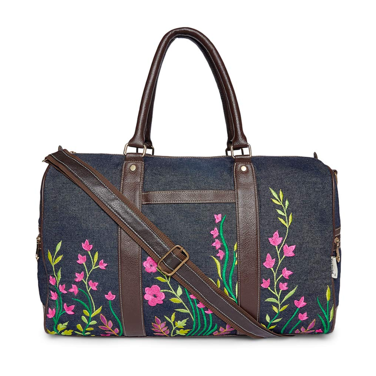 DENIM FLORAL EMBROIDERED TRAVEL DUFFLE BAG