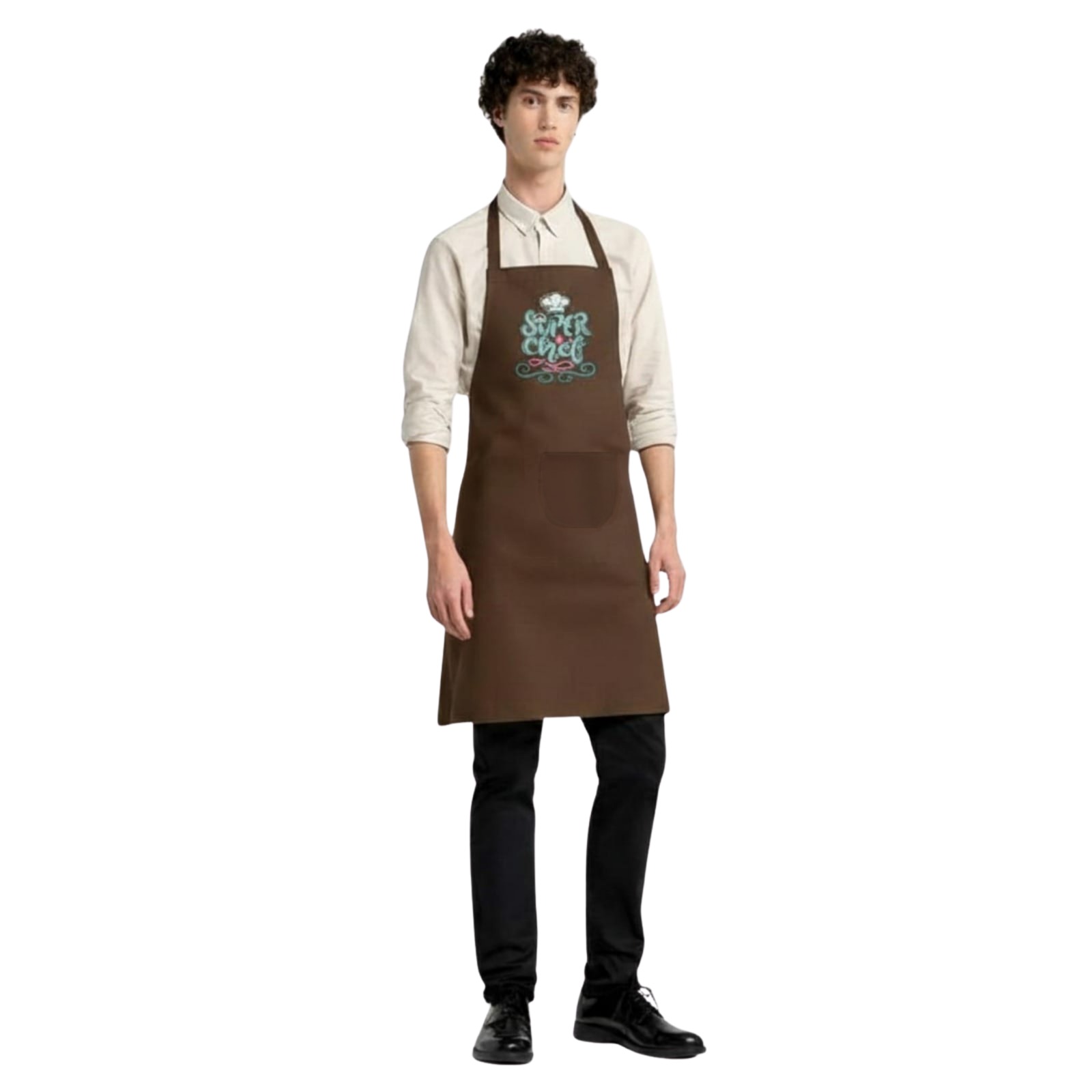 SUPER CHEF" RETRO-THEMED BROWN APRON WITH POCKET