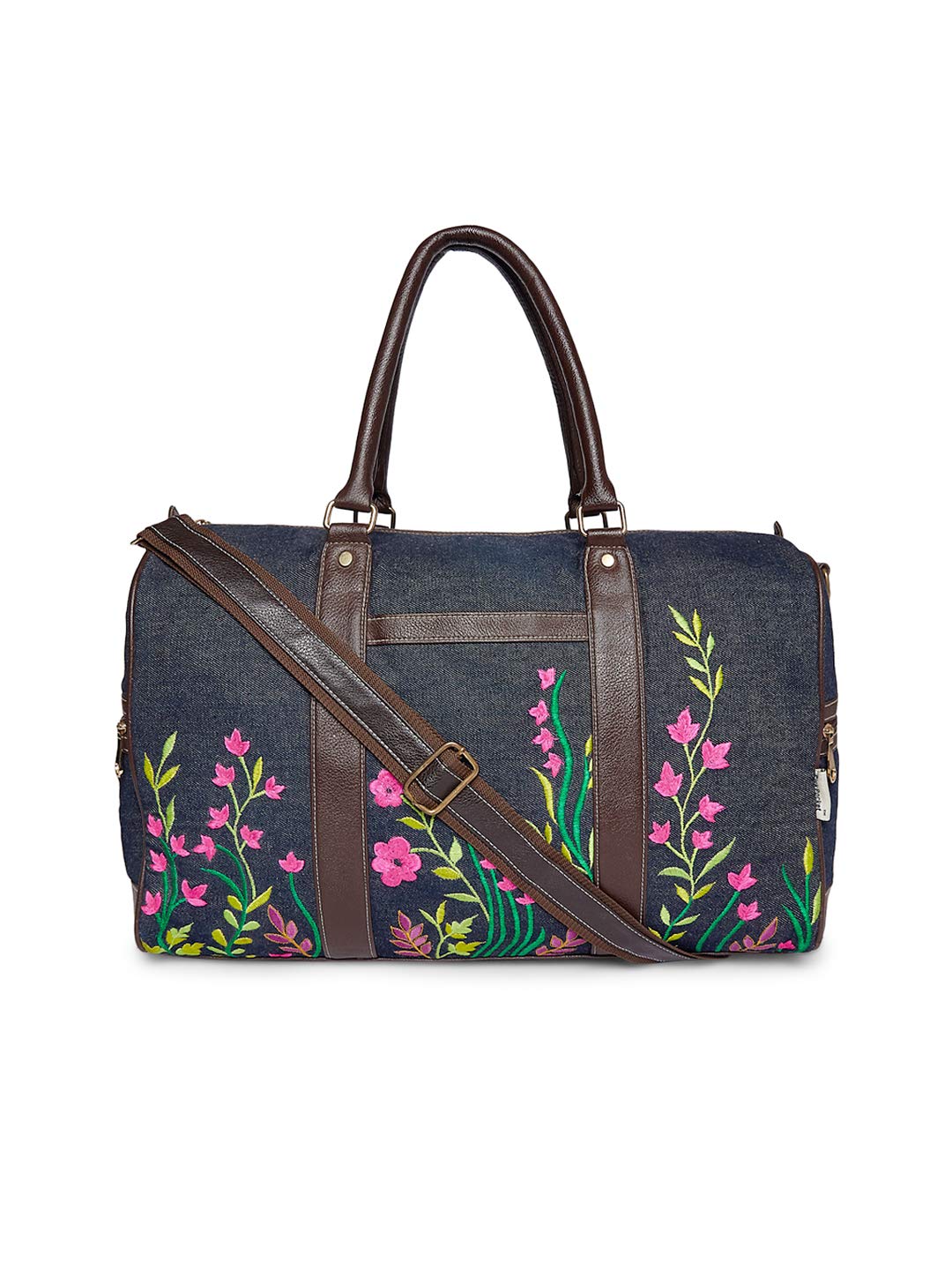 Denim Floral Embroidered Travel Duffle Bag for Women