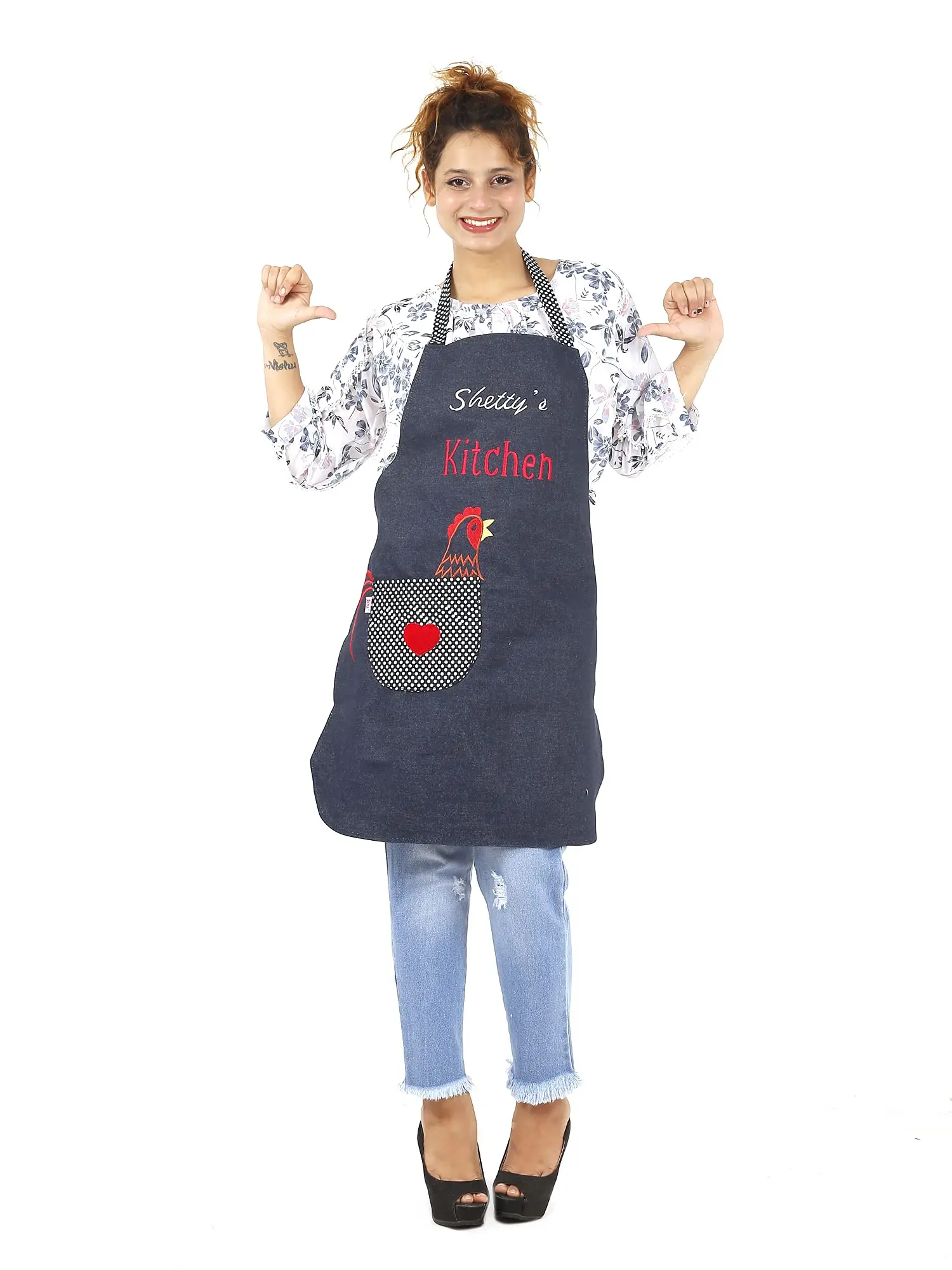 PERSONALIZED DENIM APRON WITH SHETTY'S KITCHEN EMBROIDERY & CHICKEN POCKET
