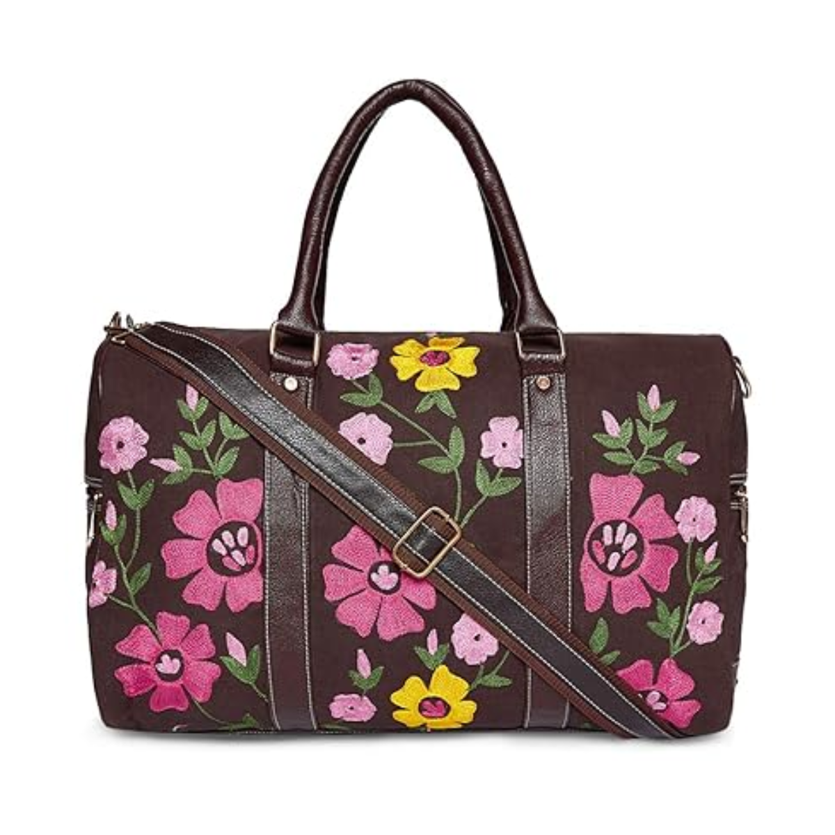 HAND-EMBROIDERED FLORAL CANVAS LEATHER DUFFEL BAG