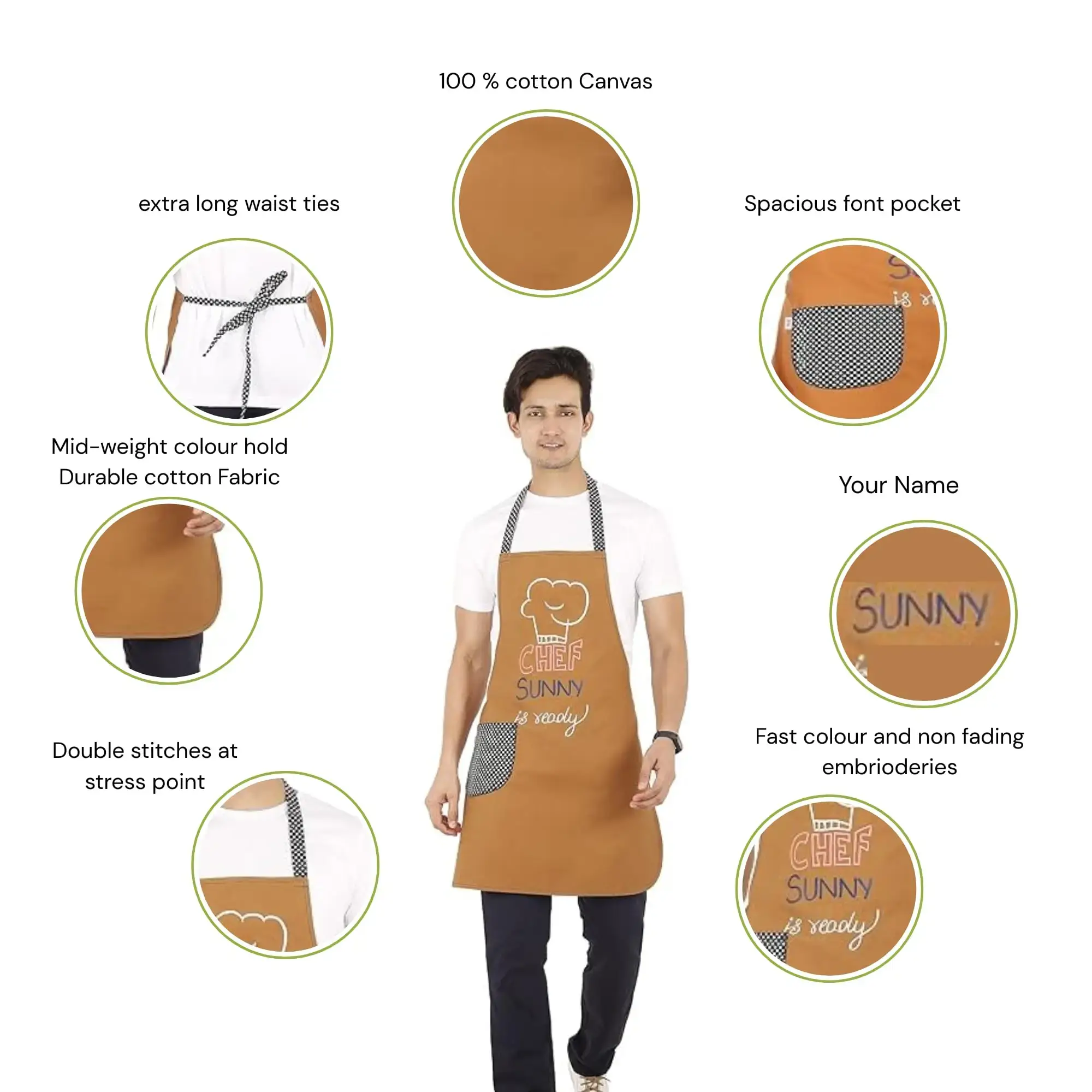 PERSONALIZED COTTON APRON WITH CHEF SUNNY EMBROIDERY & POCKET