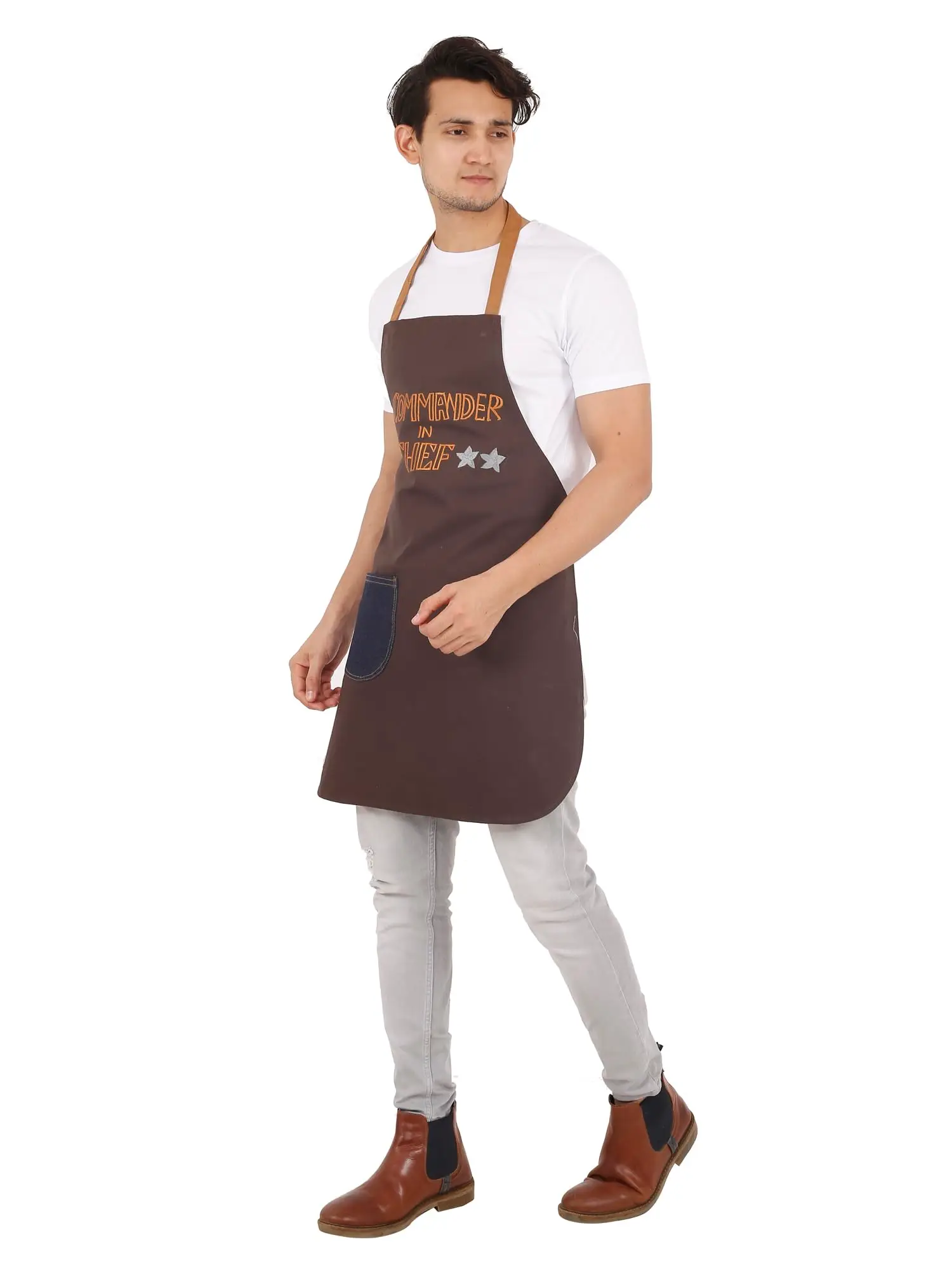 PERSONALIZED COMMANDER IN CHIEF EMBROIDERED APRON WITH DENIM POCKET