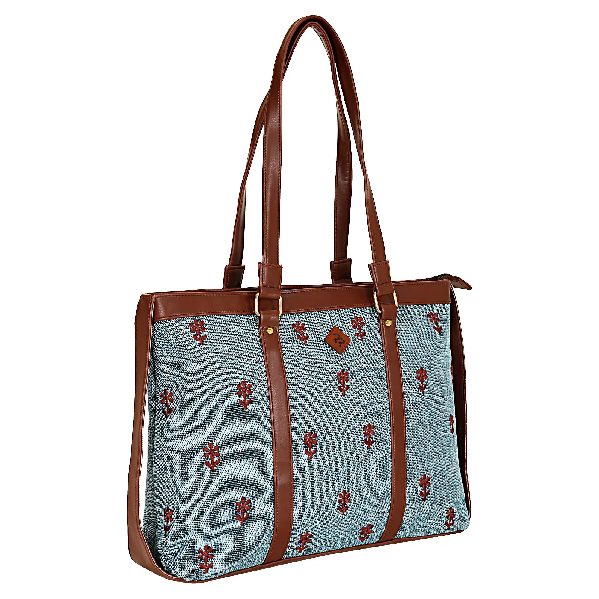  SKYBLUE JUTE FLORAL EMBROIDERED LAPTOP HANDBAG.