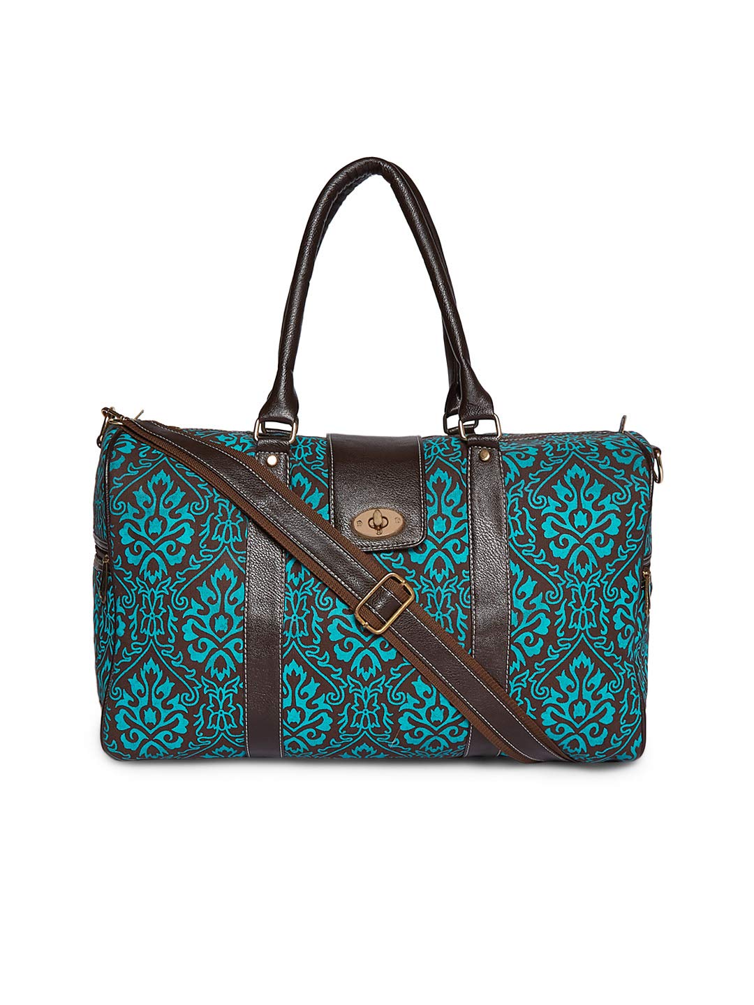 Turquoise Floral Embroidered Duffel with Leather Details.