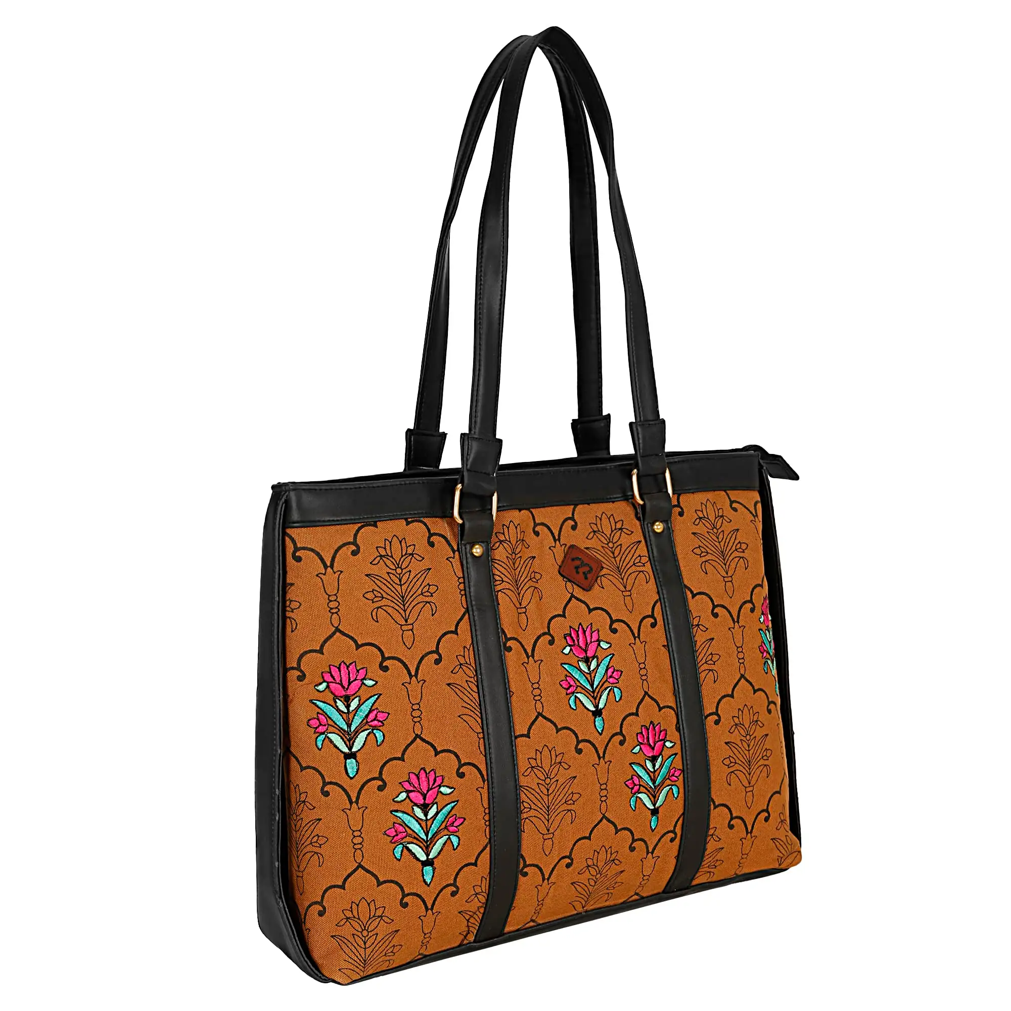 FLORAL PRINTED TAN CANVAS LAPTOP HANDBAG.