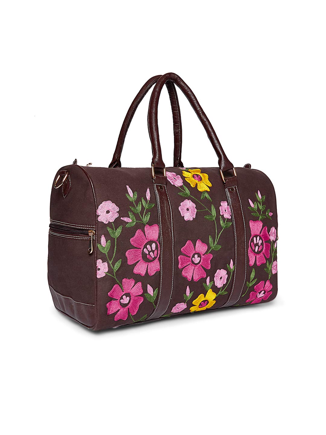 Hand-Embroidered Floral Canvas Leather Duffel Bag.