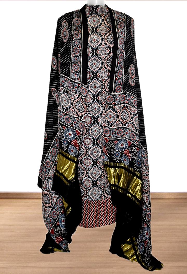Badam Buta Premium Modal Silk Ajrakh Hand Block Salwar Suit - Black