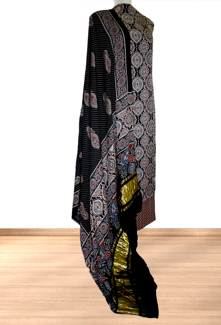 Badam Buta Premium Modal Silk Ajrakh Hand Block Salwar Suit - Black