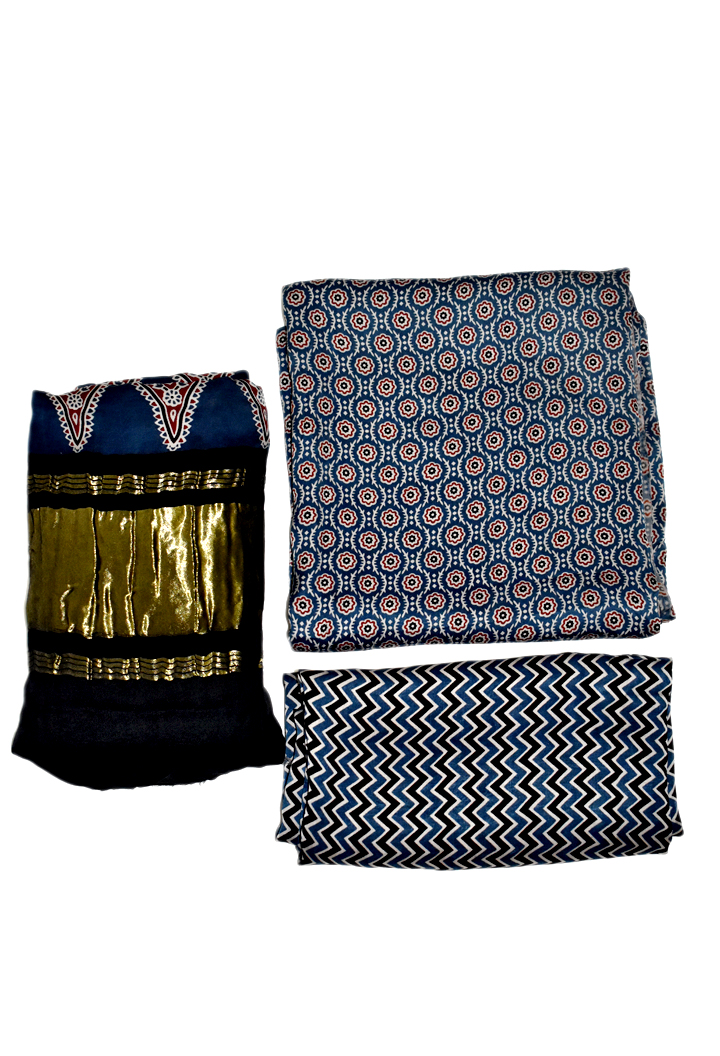 Floral Motifs Premium Modal Silk Ajrakh Hand Block Salwar Suit - Blue