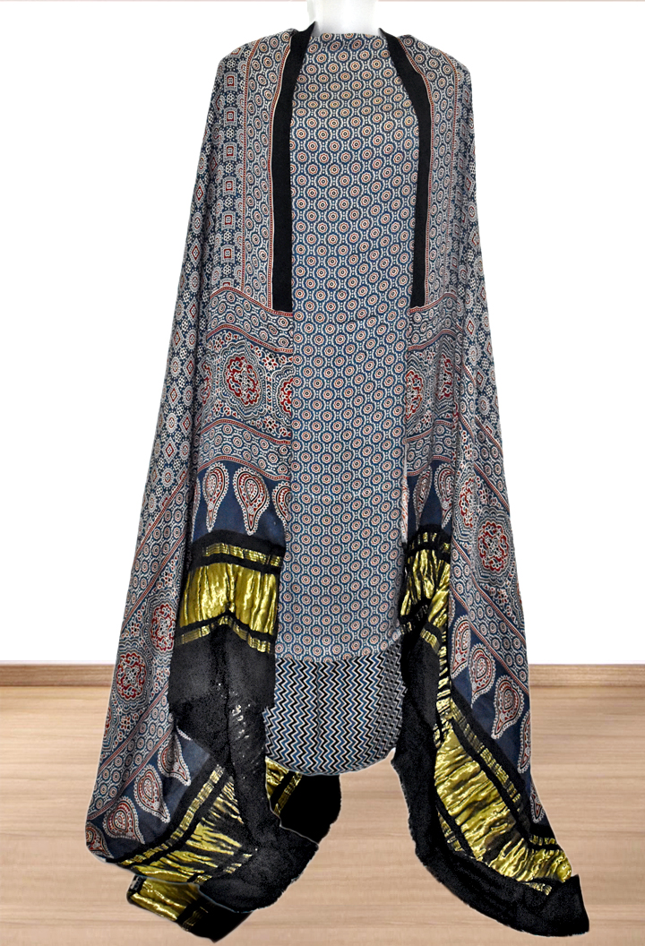 Floral Motifs Premium Modal Silk Ajrakh Hand Block Salwar Suit - Blue