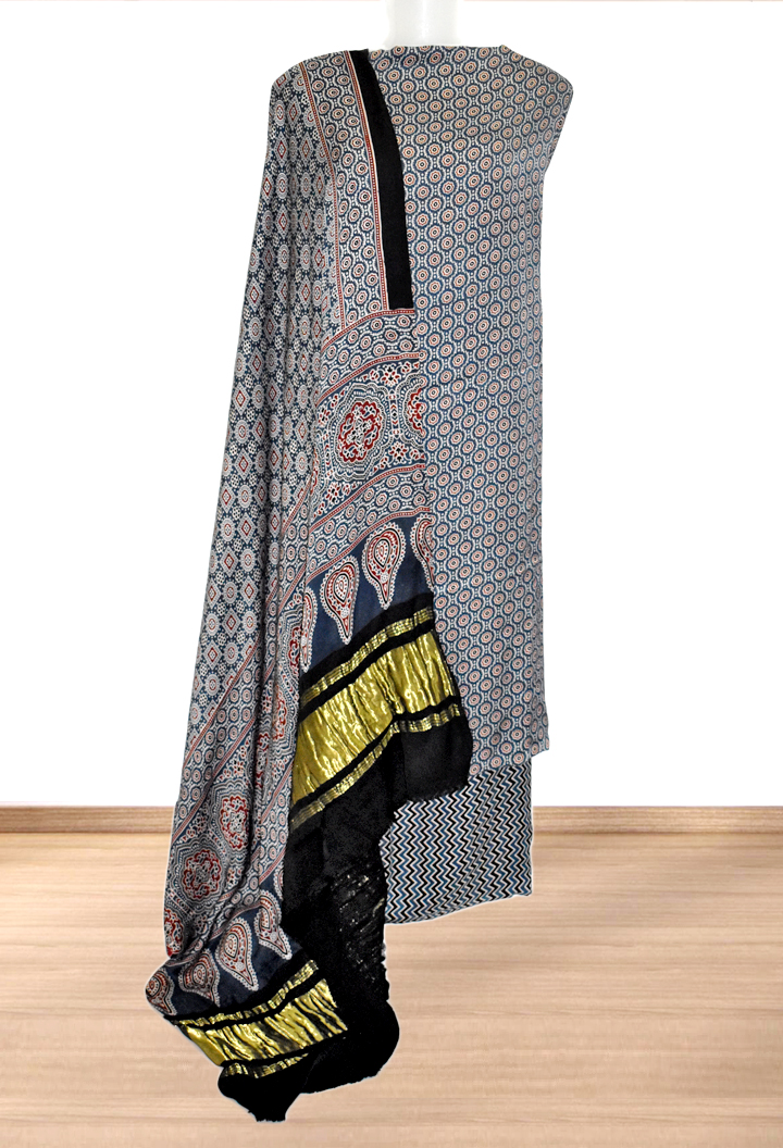 Floral Motifs Premium Modal Silk Ajrakh Hand Block Salwar Suit - Blue
