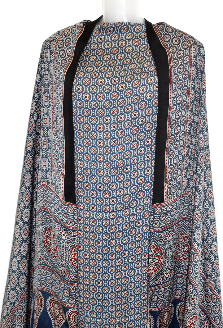Floral Motifs Premium Modal Silk Ajrakh Hand Block Salwar Suit - Blue