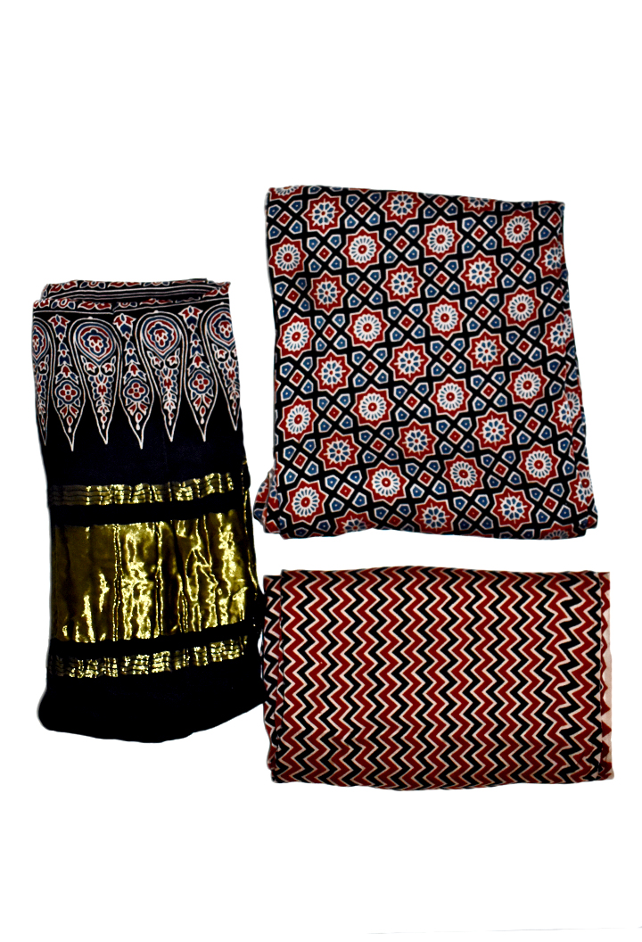 Chakra Buta Premium Modal Silk Ajrakh Hand Block Salwar Suit - Black
