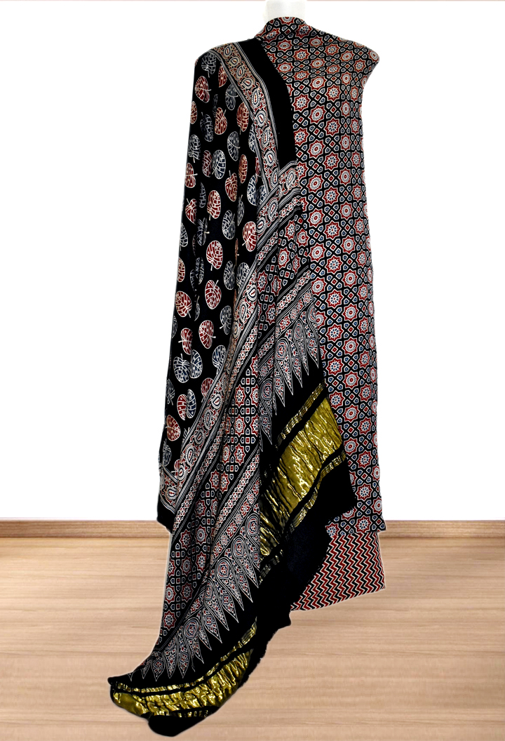 Chakra Buta Premium Modal Silk Ajrakh Hand Block Salwar Suit - Black