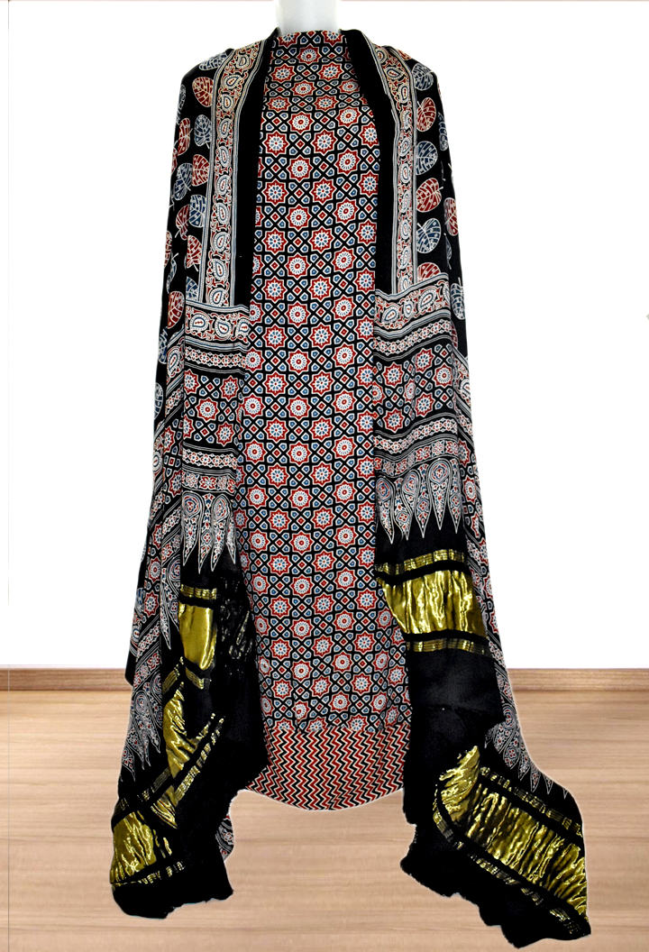 Chakra Buta Premium Modal Silk Ajrakh Hand Block Salwar Suit - Black