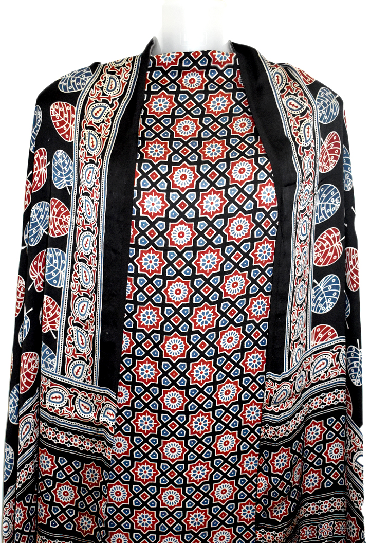 Chakra Buta Premium Modal Silk Ajrakh Hand Block Salwar Suit - Black