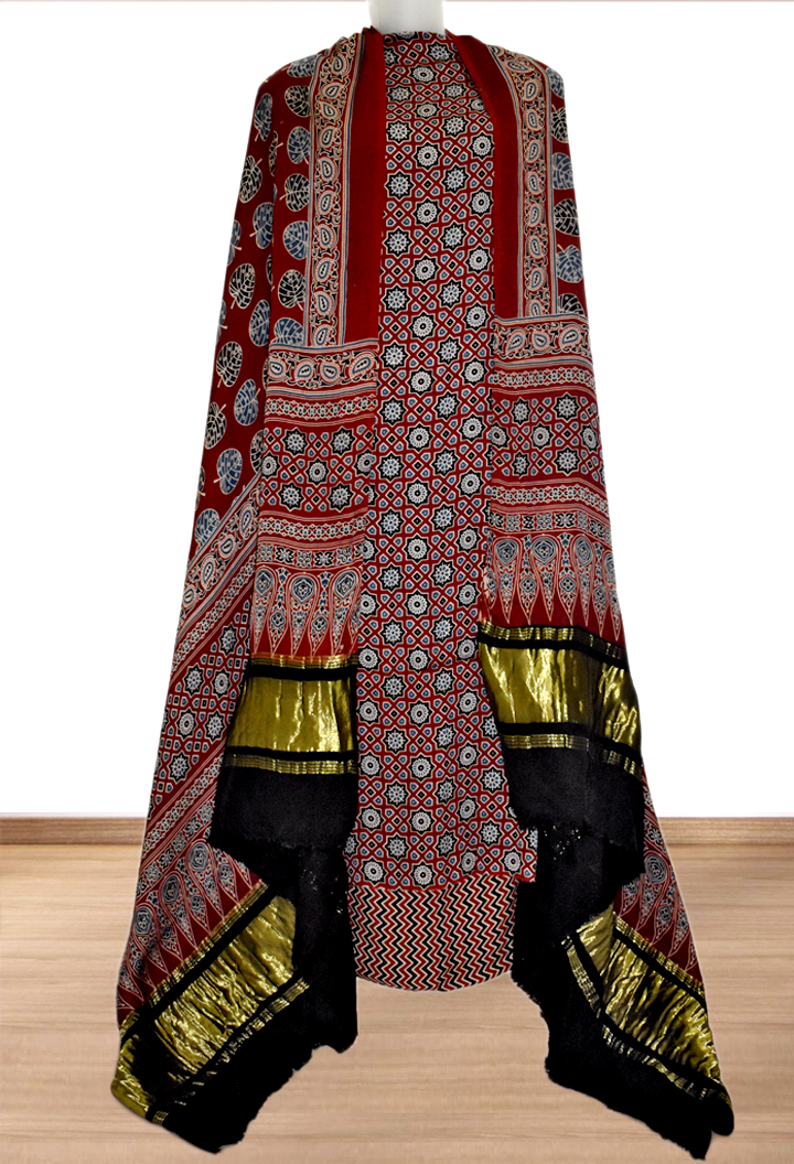 Chakra Buta Premium Modal Silk Ajrakh Hand Block Salwar Suit - Maroon