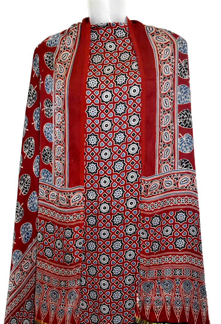 Chakra Buta Premium Modal Silk Ajrakh Hand Block Salwar Suit - Maroon 