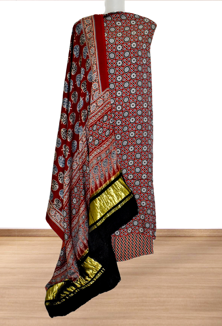 Chakra Buta Premium Modal Silk Ajrakh Hand Block Salwar Suit - Maroon 