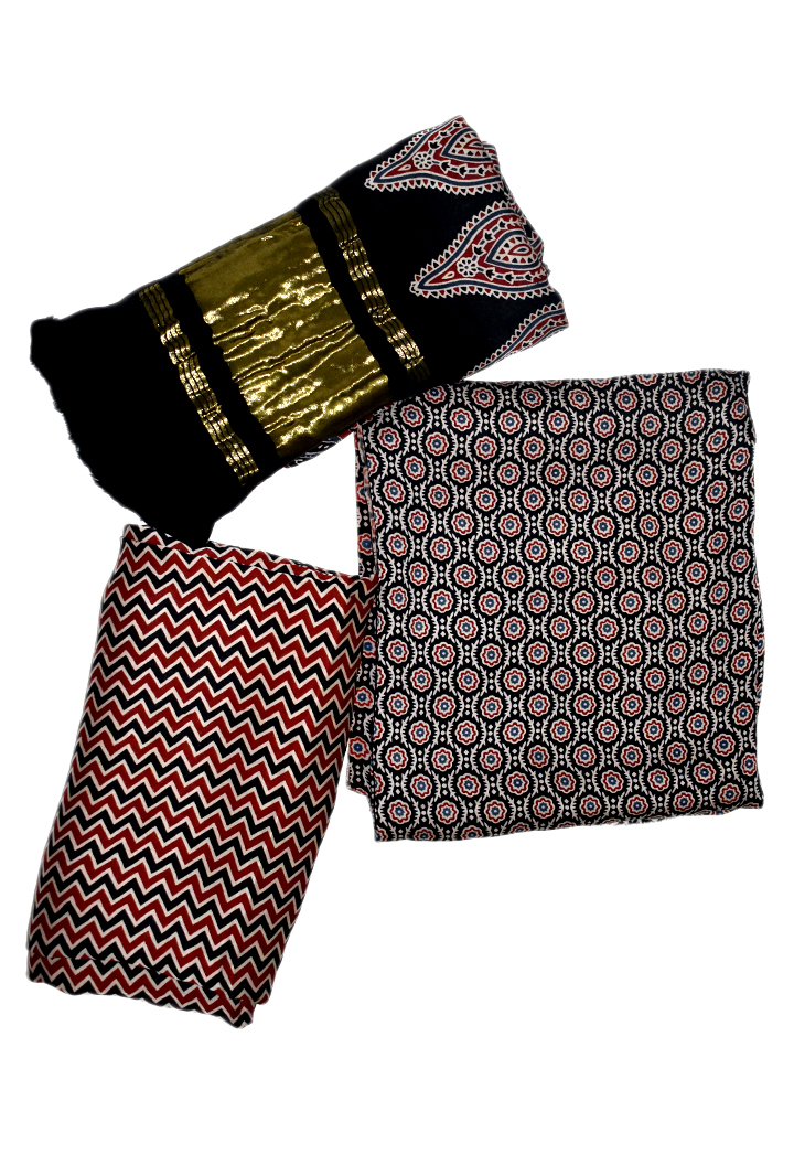 Floral Motifs Premium Modal Silk Ajrakh Hand Block Salwar Suit - Black
