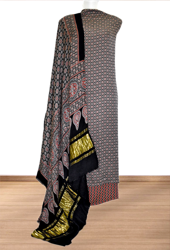 Floral Motifs Premium Modal Silk Ajrakh Hand Block Salwar Suit - Black