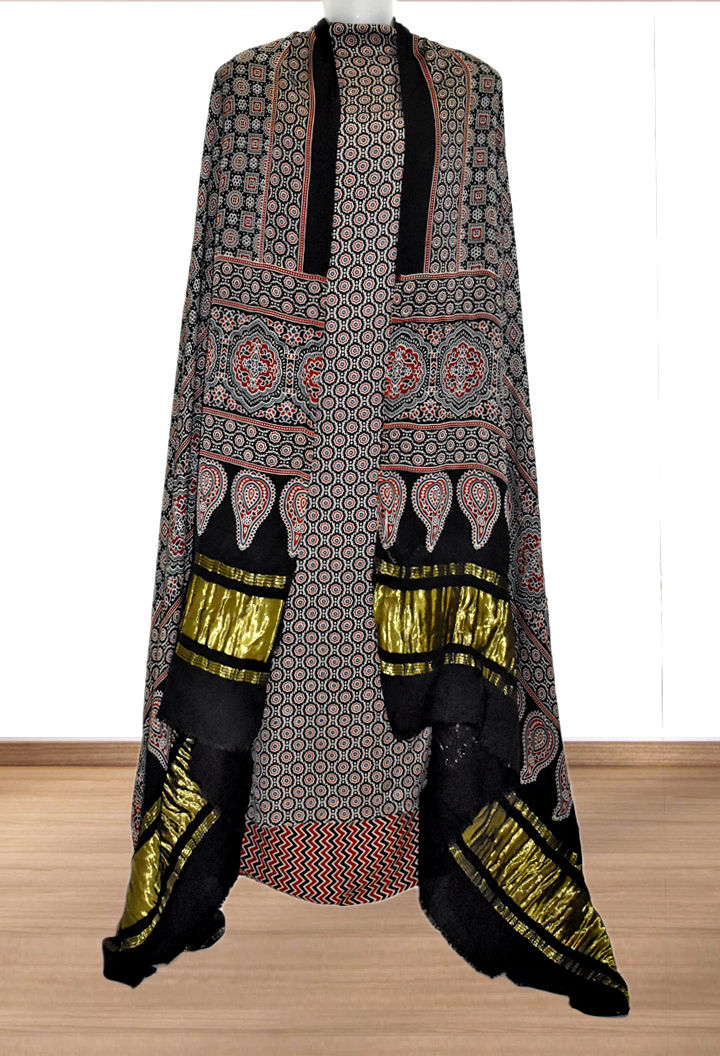 Floral Motifs Premium Modal Silk Ajrakh Hand Block Salwar Suit - Black
